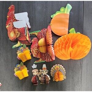 Vtg Beistle And Others Honeycomb Thanksgiving Turkey Indians Pilgrim Pumpkin Lot